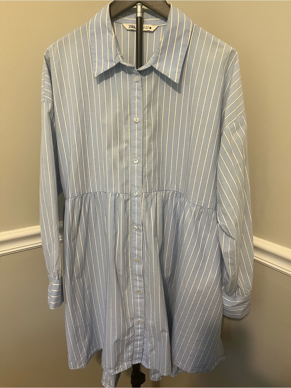 Zara Light Blue and White Vertical Stripe Shirt